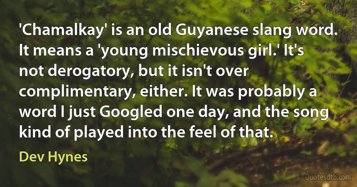 'Chamalkay' is an old Guyanese slang word. It means a 'young mischievous girl.' It's not derogatory, but it isn't over complimentary, either. It was probably a word I just Googled one day, and the song kind of played into the feel of that. (Dev Hynes)