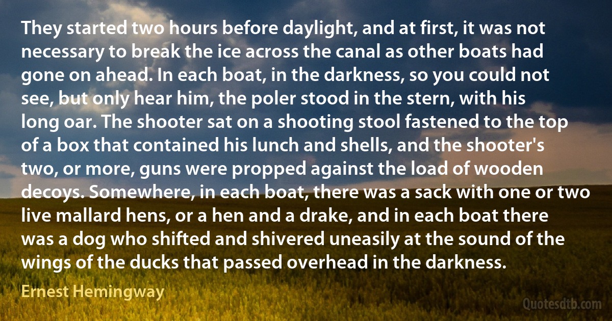 They started two hours before daylight, and at first, it was not necessary to break the ice across the canal as other boats had gone on ahead. In each boat, in the darkness, so you could not see, but only hear him, the poler stood in the stern, with his long oar. The shooter sat on a shooting stool fastened to the top of a box that contained his lunch and shells, and the shooter's two, or more, guns were propped against the load of wooden decoys. Somewhere, in each boat, there was a sack with one or two live mallard hens, or a hen and a drake, and in each boat there was a dog who shifted and shivered uneasily at the sound of the wings of the ducks that passed overhead in the darkness. (Ernest Hemingway)