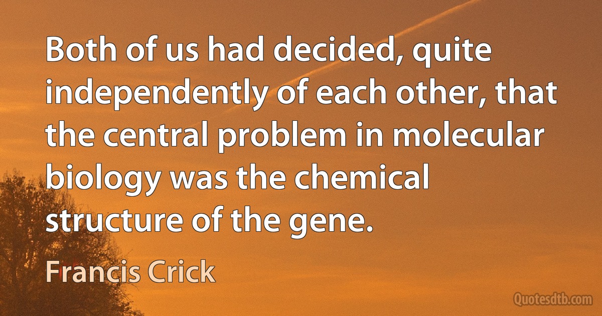 Both of us had decided, quite independently of each other, that the central problem in molecular biology was the chemical structure of the gene. (Francis Crick)