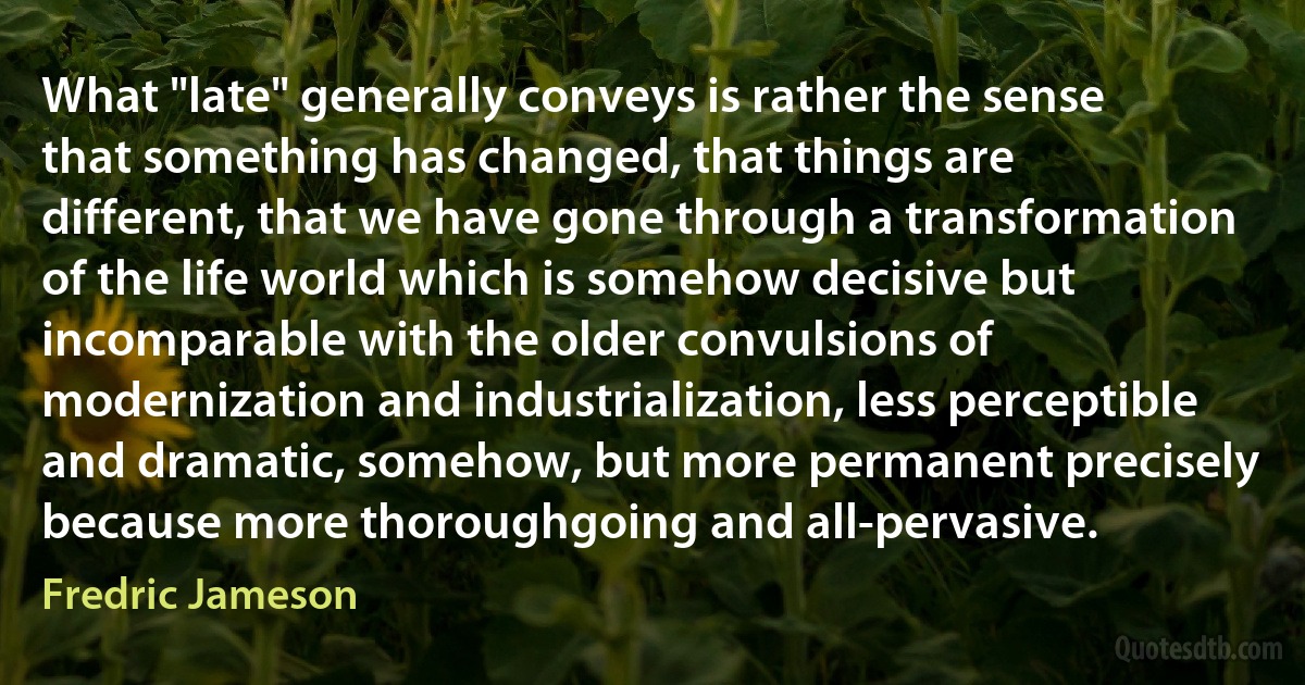 What "late" generally conveys is rather the sense that something has changed, that things are different, that we have gone through a transformation of the life world which is somehow decisive but incomparable with the older convulsions of modernization and industrialization, less perceptible and dramatic, somehow, but more permanent precisely because more thoroughgoing and all-pervasive. (Fredric Jameson)