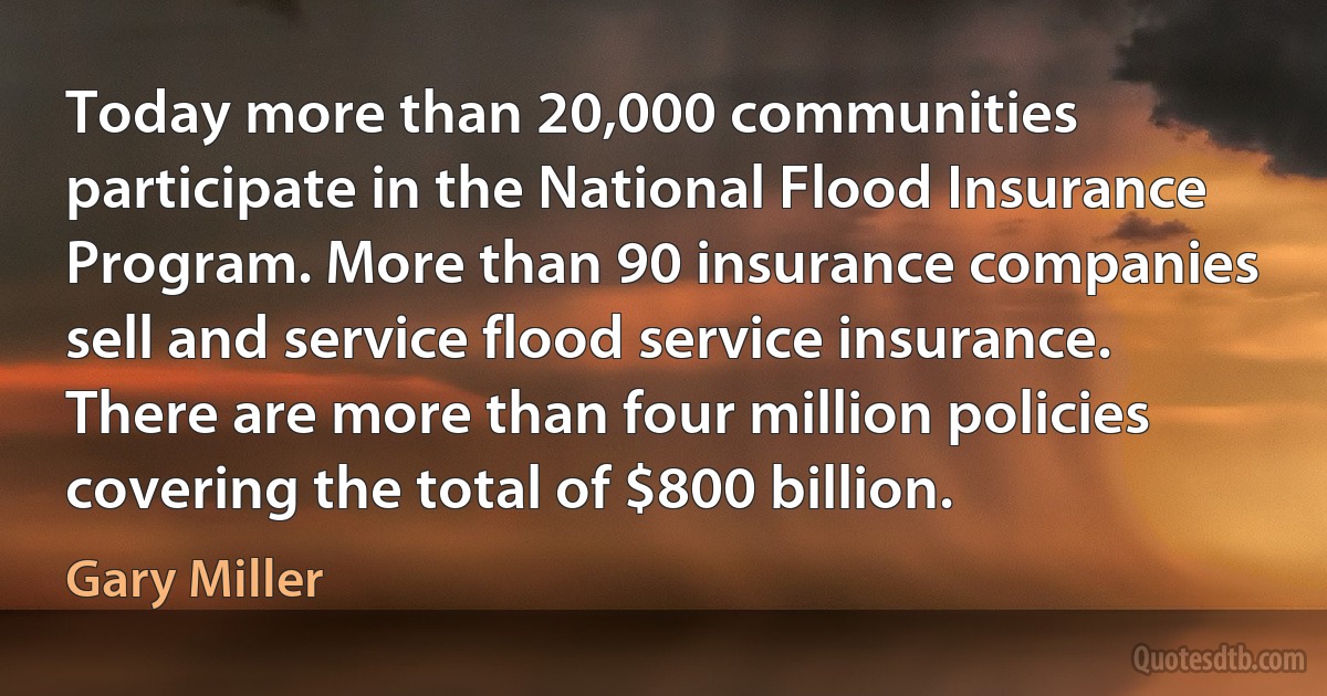 Today more than 20,000 communities participate in the National Flood Insurance Program. More than 90 insurance companies sell and service flood service insurance. There are more than four million policies covering the total of $800 billion. (Gary Miller)