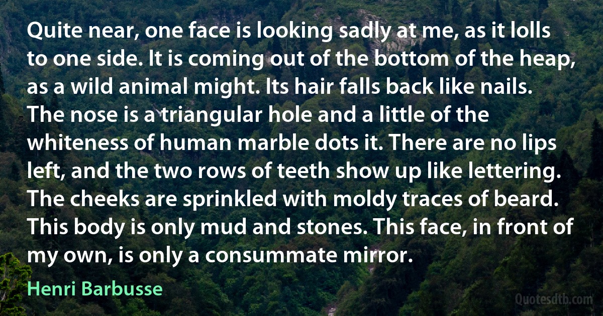 Quite near, one face is looking sadly at me, as it lolls to one side. It is coming out of the bottom of the heap, as a wild animal might. Its hair falls back like nails. The nose is a triangular hole and a little of the whiteness of human marble dots it. There are no lips left, and the two rows of teeth show up like lettering. The cheeks are sprinkled with moldy traces of beard. This body is only mud and stones. This face, in front of my own, is only a consummate mirror. (Henri Barbusse)