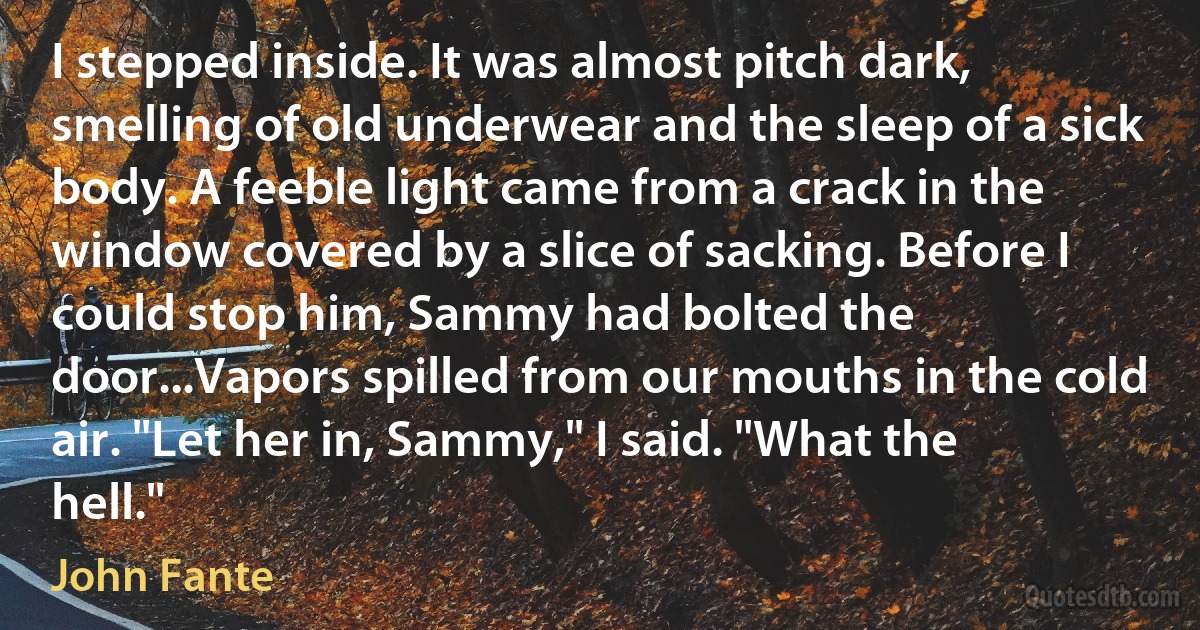 I stepped inside. It was almost pitch dark, smelling of old underwear and the sleep of a sick body. A feeble light came from a crack in the window covered by a slice of sacking. Before I could stop him, Sammy had bolted the door...Vapors spilled from our mouths in the cold air. "Let her in, Sammy," I said. "What the hell." (John Fante)