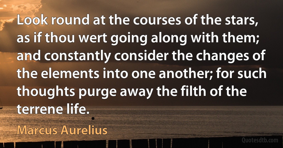 Look round at the courses of the stars, as if thou wert going along with them; and constantly consider the changes of the elements into one another; for such thoughts purge away the filth of the terrene life. (Marcus Aurelius)