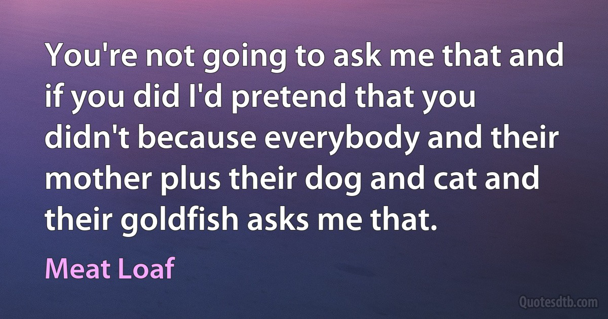 You're not going to ask me that and if you did I'd pretend that you didn't because everybody and their mother plus their dog and cat and their goldfish asks me that. (Meat Loaf)