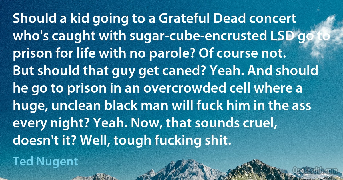 Should a kid going to a Grateful Dead concert who's caught with sugar-cube-encrusted LSD go to prison for life with no parole? Of course not. But should that guy get caned? Yeah. And should he go to prison in an overcrowded cell where a huge, unclean black man will fuck him in the ass every night? Yeah. Now, that sounds cruel, doesn't it? Well, tough fucking shit. (Ted Nugent)