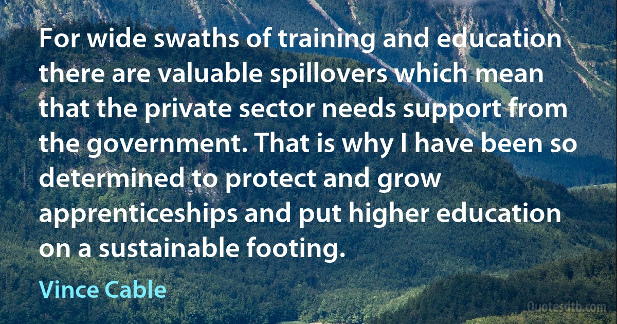 For wide swaths of training and education there are valuable spillovers which mean that the private sector needs support from the government. That is why I have been so determined to protect and grow apprenticeships and put higher education on a sustainable footing. (Vince Cable)