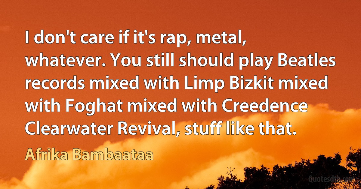 I don't care if it's rap, metal, whatever. You still should play Beatles records mixed with Limp Bizkit mixed with Foghat mixed with Creedence Clearwater Revival, stuff like that. (Afrika Bambaataa)