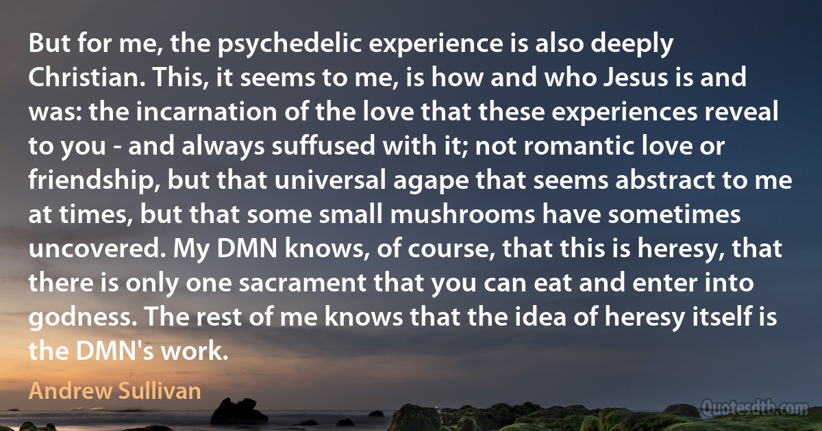 But for me, the psychedelic experience is also deeply Christian. This, it seems to me, is how and who Jesus is and was: the incarnation of the love that these experiences reveal to you - and always suffused with it; not romantic love or friendship, but that universal agape that seems abstract to me at times, but that some small mushrooms have sometimes uncovered. My DMN knows, of course, that this is heresy, that there is only one sacrament that you can eat and enter into godness. The rest of me knows that the idea of heresy itself is the DMN's work. (Andrew Sullivan)