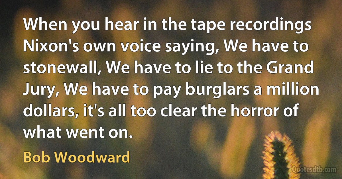 When you hear in the tape recordings Nixon's own voice saying, We have to stonewall, We have to lie to the Grand Jury, We have to pay burglars a million dollars, it's all too clear the horror of what went on. (Bob Woodward)