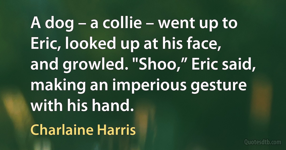 A dog – a collie – went up to Eric, looked up at his face, and growled. "Shoo,” Eric said, making an imperious gesture with his hand. (Charlaine Harris)