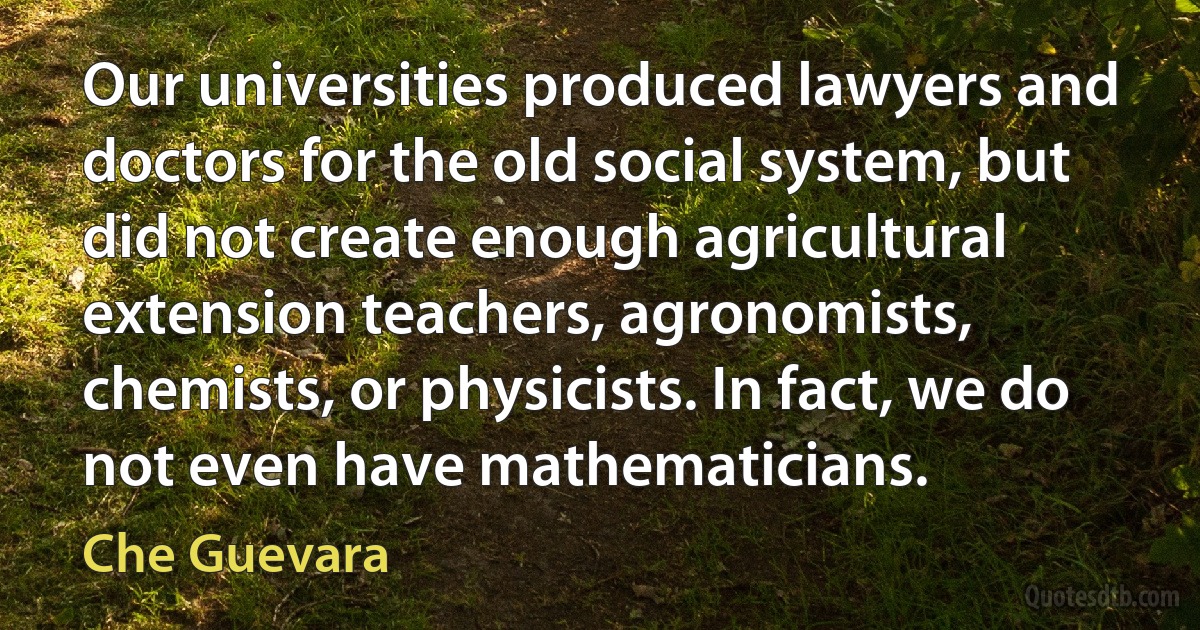 Our universities produced lawyers and doctors for the old social system, but did not create enough agricultural extension teachers, agronomists, chemists, or physicists. In fact, we do not even have mathematicians. (Che Guevara)