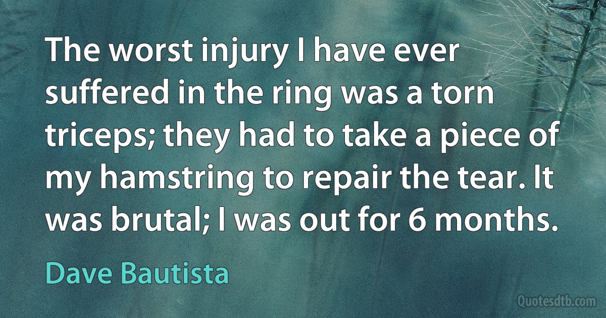 The worst injury I have ever suffered in the ring was a torn triceps; they had to take a piece of my hamstring to repair the tear. It was brutal; I was out for 6 months. (Dave Bautista)