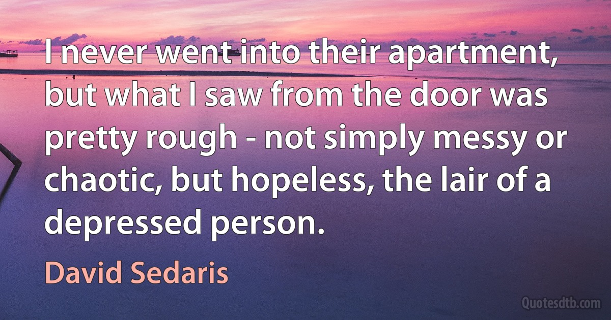 I never went into their apartment, but what I saw from the door was pretty rough - not simply messy or chaotic, but hopeless, the lair of a depressed person. (David Sedaris)