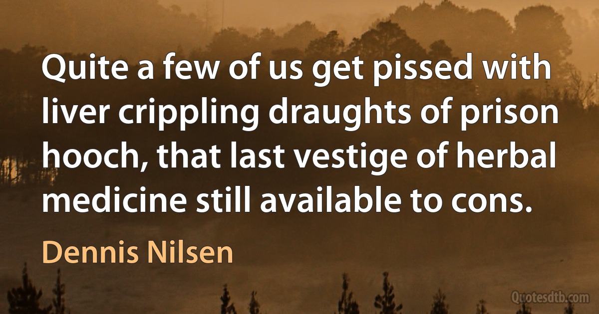 Quite a few of us get pissed with liver crippling draughts of prison hooch, that last vestige of herbal medicine still available to cons. (Dennis Nilsen)