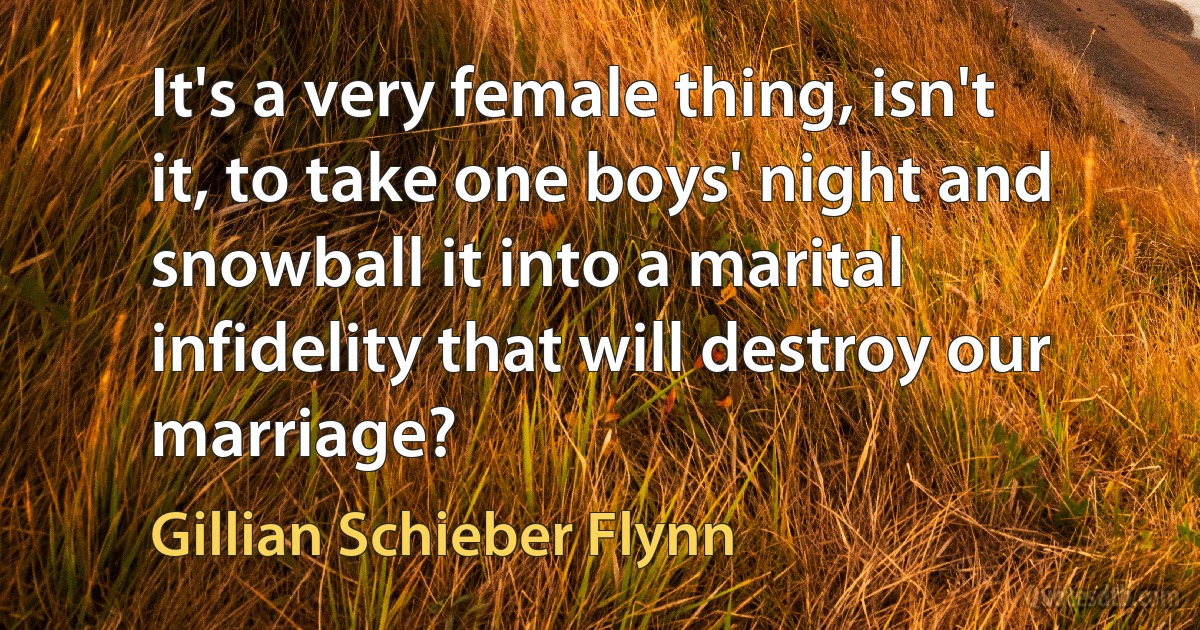 It's a very female thing, isn't it, to take one boys' night and snowball it into a marital infidelity that will destroy our marriage? (Gillian Schieber Flynn)