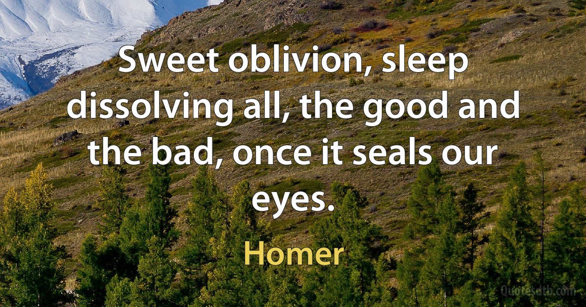 Sweet oblivion, sleep
dissolving all, the good and the bad, once it seals our eyes. (Homer)