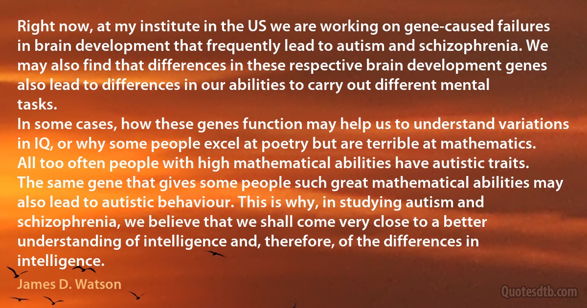 Right now, at my institute in the US we are working on gene-caused failures in brain development that frequently lead to autism and schizophrenia. We may also find that differences in these respective brain development genes also lead to differences in our abilities to carry out different mental tasks.
In some cases, how these genes function may help us to understand variations in IQ, or why some people excel at poetry but are terrible at mathematics. All too often people with high mathematical abilities have autistic traits. The same gene that gives some people such great mathematical abilities may also lead to autistic behaviour. This is why, in studying autism and schizophrenia, we believe that we shall come very close to a better understanding of intelligence and, therefore, of the differences in intelligence. (James D. Watson)