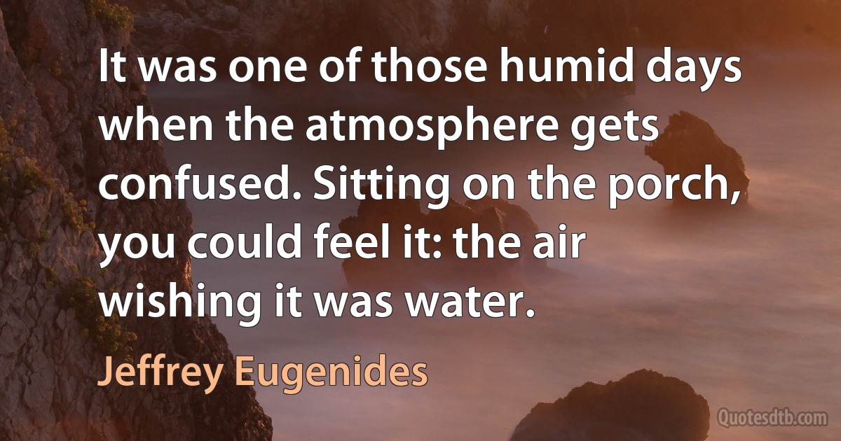 It was one of those humid days when the atmosphere gets confused. Sitting on the porch, you could feel it: the air wishing it was water. (Jeffrey Eugenides)