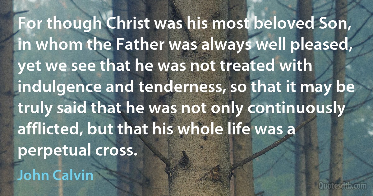 For though Christ was his most beloved Son, in whom the Father was always well pleased, yet we see that he was not treated with indulgence and tenderness, so that it may be truly said that he was not only continuously afflicted, but that his whole life was a perpetual cross. (John Calvin)