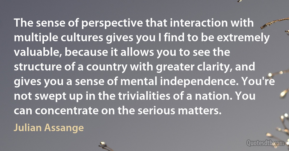 The sense of perspective that interaction with multiple cultures gives you I find to be extremely valuable, because it allows you to see the structure of a country with greater clarity, and gives you a sense of mental independence. You're not swept up in the trivialities of a nation. You can concentrate on the serious matters. (Julian Assange)