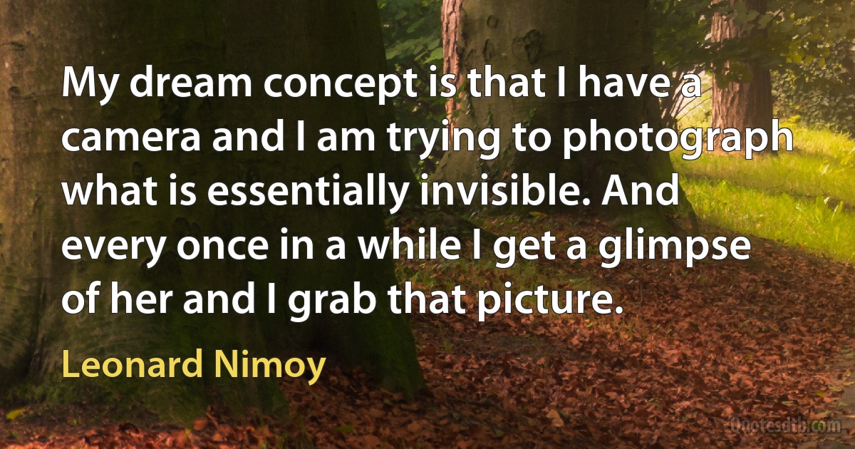 My dream concept is that I have a camera and I am trying to photograph what is essentially invisible. And every once in a while I get a glimpse of her and I grab that picture. (Leonard Nimoy)