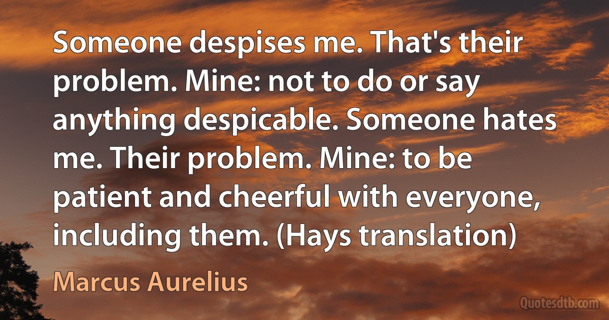 Someone despises me. That's their problem. Mine: not to do or say anything despicable. Someone hates me. Their problem. Mine: to be patient and cheerful with everyone, including them. (Hays translation) (Marcus Aurelius)