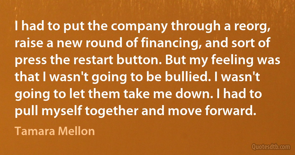 I had to put the company through a reorg, raise a new round of financing, and sort of press the restart button. But my feeling was that I wasn't going to be bullied. I wasn't going to let them take me down. I had to pull myself together and move forward. (Tamara Mellon)