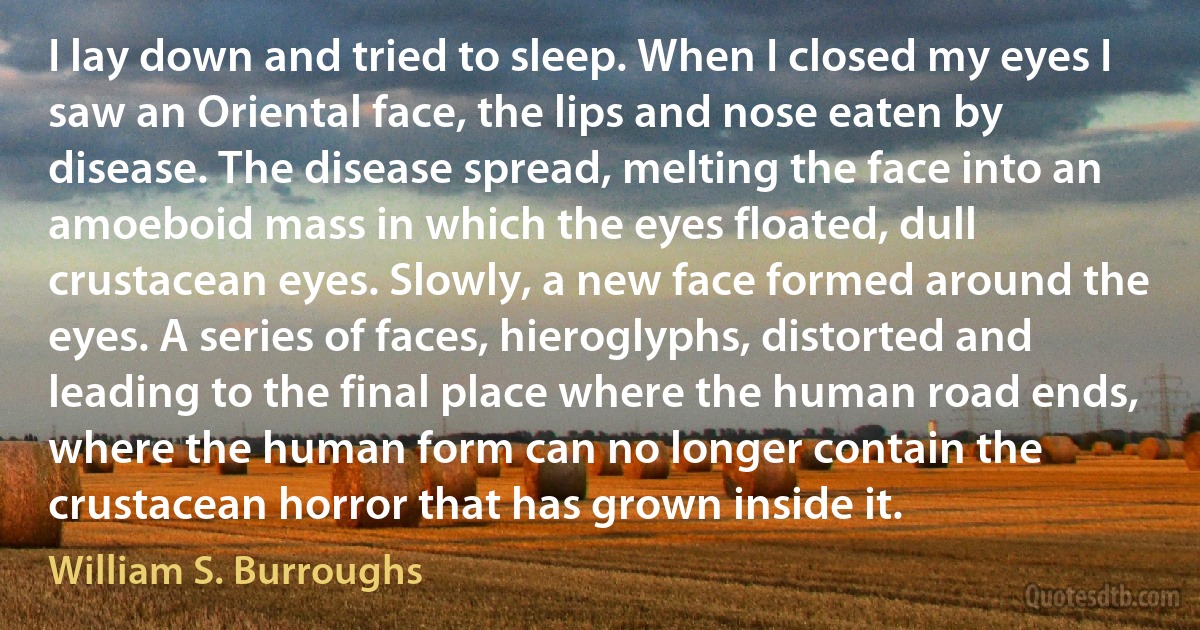 I lay down and tried to sleep. When I closed my eyes I saw an Oriental face, the lips and nose eaten by disease. The disease spread, melting the face into an amoeboid mass in which the eyes floated, dull crustacean eyes. Slowly, a new face formed around the eyes. A series of faces, hieroglyphs, distorted and leading to the final place where the human road ends, where the human form can no longer contain the crustacean horror that has grown inside it. (William S. Burroughs)