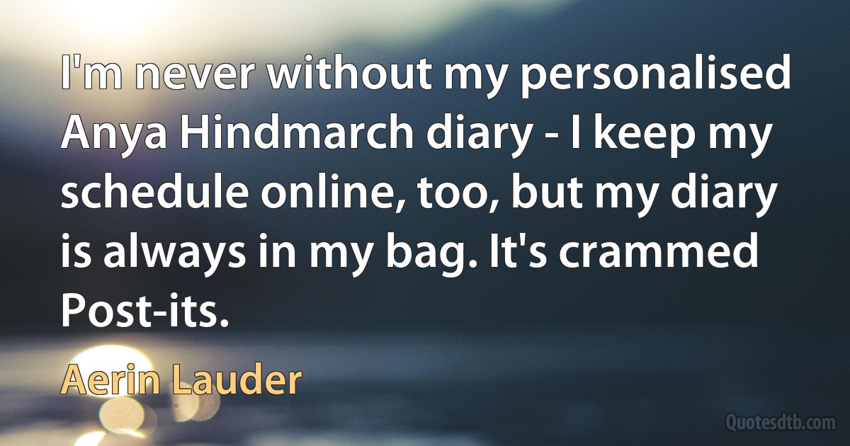 I'm never without my personalised Anya Hindmarch diary - I keep my schedule online, too, but my diary is always in my bag. It's crammed Post-its. (Aerin Lauder)