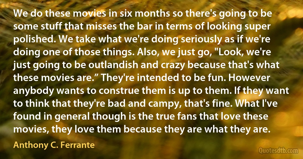 We do these movies in six months so there's going to be some stuff that misses the bar in terms of looking super polished. We take what we're doing seriously as if we're doing one of those things. Also, we just go, "Look, we're just going to be outlandish and crazy because that's what these movies are.” They're intended to be fun. However anybody wants to construe them is up to them. If they want to think that they're bad and campy, that's fine. What I've found in general though is the true fans that love these movies, they love them because they are what they are. (Anthony C. Ferrante)