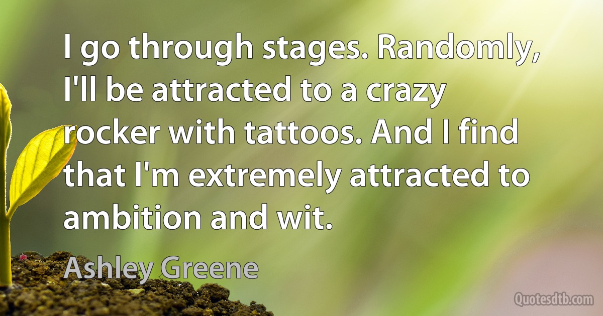 I go through stages. Randomly, I'll be attracted to a crazy rocker with tattoos. And I find that I'm extremely attracted to ambition and wit. (Ashley Greene)