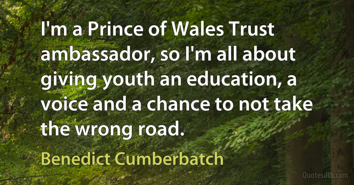 I'm a Prince of Wales Trust ambassador, so I'm all about giving youth an education, a voice and a chance to not take the wrong road. (Benedict Cumberbatch)