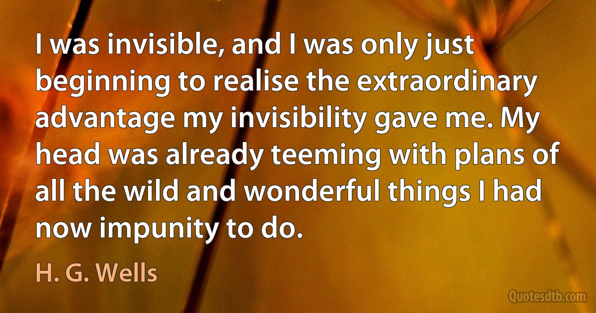 I was invisible, and I was only just beginning to realise the extraordinary advantage my invisibility gave me. My head was already teeming with plans of all the wild and wonderful things I had now impunity to do. (H. G. Wells)