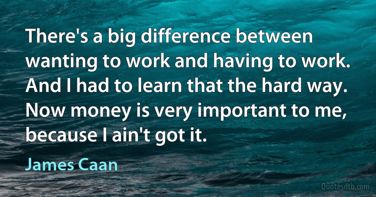 There's a big difference between wanting to work and having to work. And I had to learn that the hard way. Now money is very important to me, because I ain't got it. (James Caan)