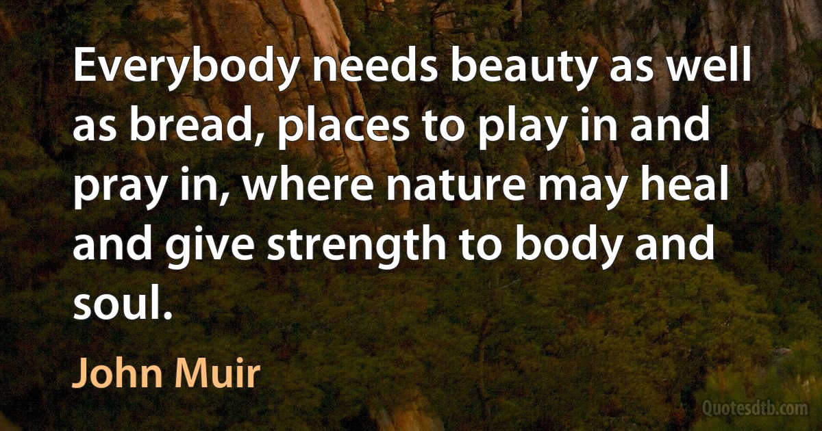 Everybody needs beauty as well as bread, places to play in and pray in, where nature may heal and give strength to body and soul. (John Muir)