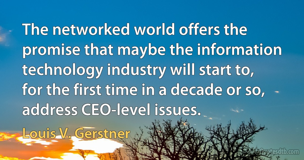 The networked world offers the promise that maybe the information technology industry will start to, for the first time in a decade or so, address CEO-level issues. (Louis V. Gerstner)