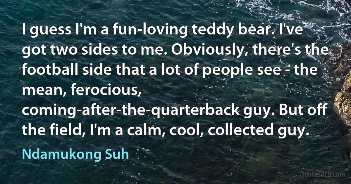 I guess I'm a fun-loving teddy bear. I've got two sides to me. Obviously, there's the football side that a lot of people see - the mean, ferocious, coming-after-the-quarterback guy. But off the field, I'm a calm, cool, collected guy. (Ndamukong Suh)