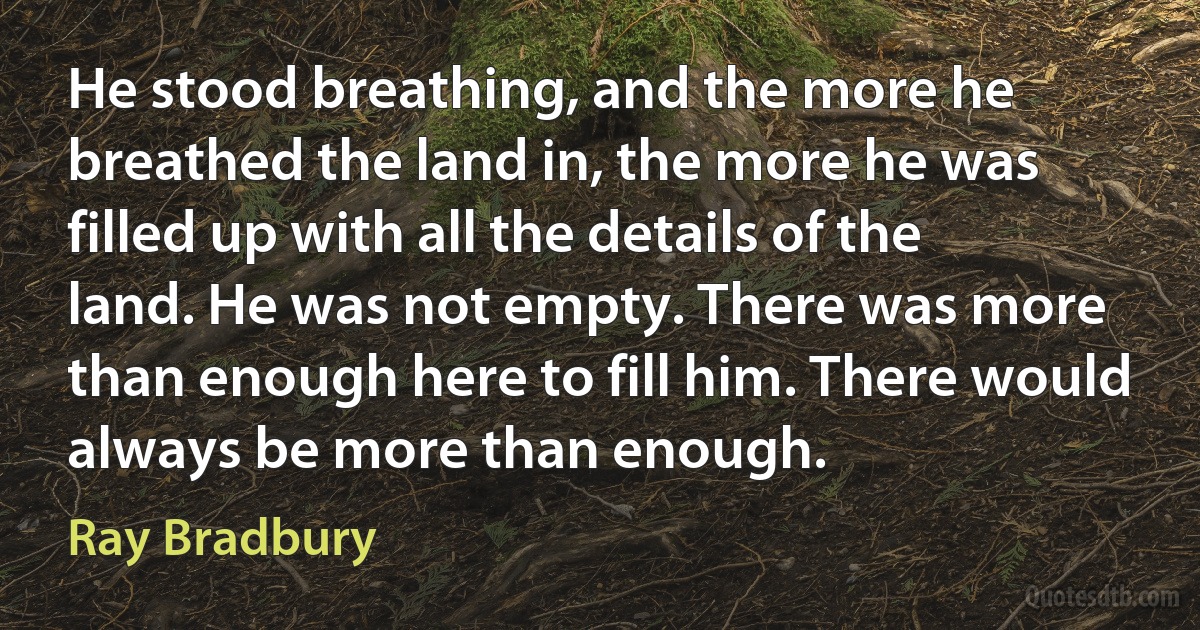 He stood breathing, and the more he breathed the land in, the more he was filled up with all the details of the land. He was not empty. There was more than enough here to fill him. There would always be more than enough. (Ray Bradbury)