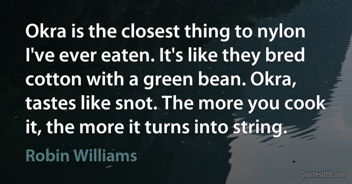 Okra is the closest thing to nylon I've ever eaten. It's like they bred cotton with a green bean. Okra, tastes like snot. The more you cook it, the more it turns into string. (Robin Williams)