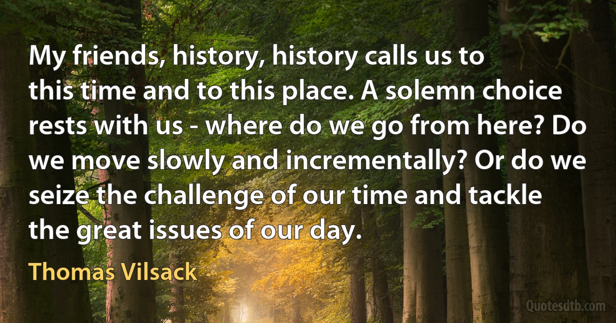 My friends, history, history calls us to this time and to this place. A solemn choice rests with us - where do we go from here? Do we move slowly and incrementally? Or do we seize the challenge of our time and tackle the great issues of our day. (Thomas Vilsack)