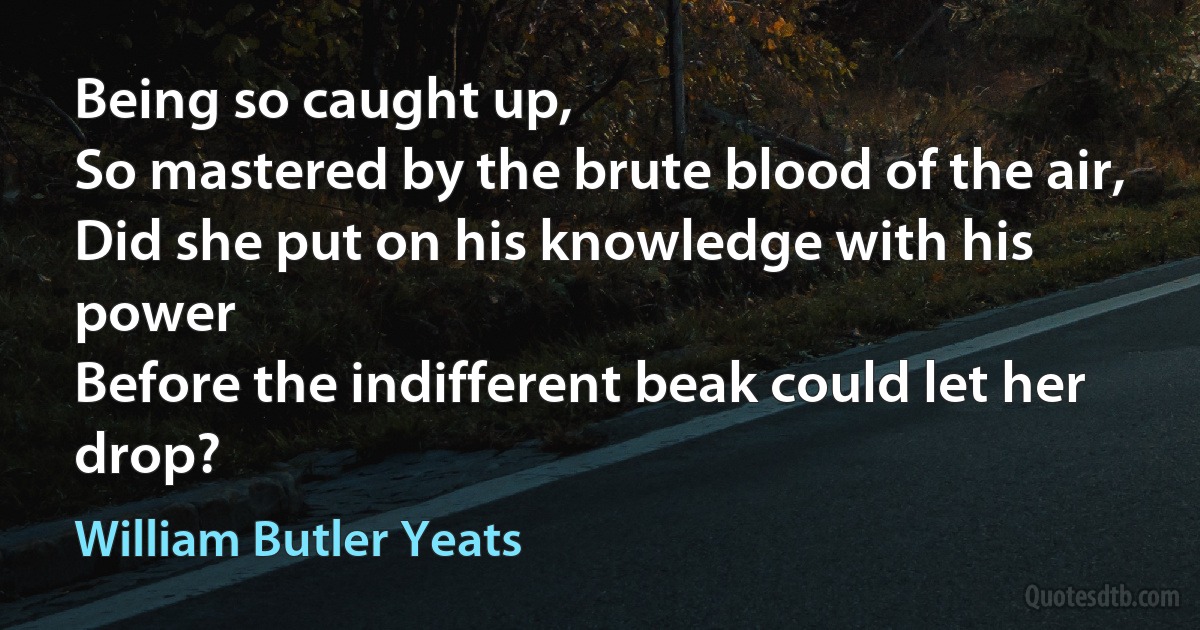 Being so caught up,
So mastered by the brute blood of the air,
Did she put on his knowledge with his power
Before the indifferent beak could let her drop? (William Butler Yeats)