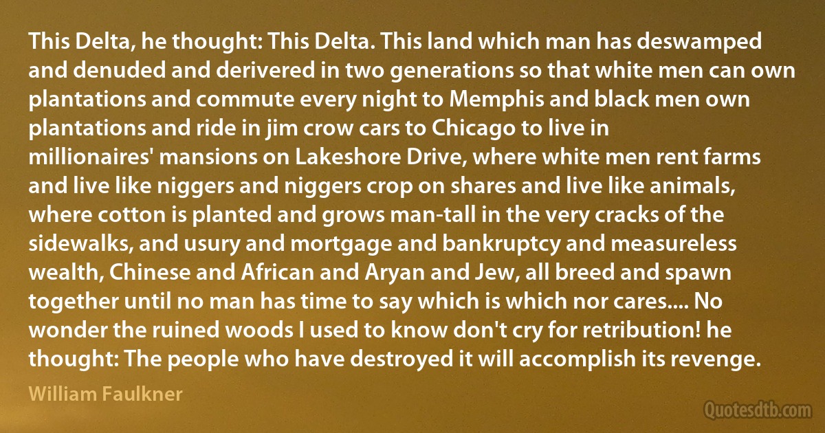 This Delta, he thought: This Delta. This land which man has deswamped and denuded and derivered in two generations so that white men can own plantations and commute every night to Memphis and black men own plantations and ride in jim crow cars to Chicago to live in millionaires' mansions on Lakeshore Drive, where white men rent farms and live like niggers and niggers crop on shares and live like animals, where cotton is planted and grows man-tall in the very cracks of the sidewalks, and usury and mortgage and bankruptcy and measureless wealth, Chinese and African and Aryan and Jew, all breed and spawn together until no man has time to say which is which nor cares.... No wonder the ruined woods I used to know don't cry for retribution! he thought: The people who have destroyed it will accomplish its revenge. (William Faulkner)