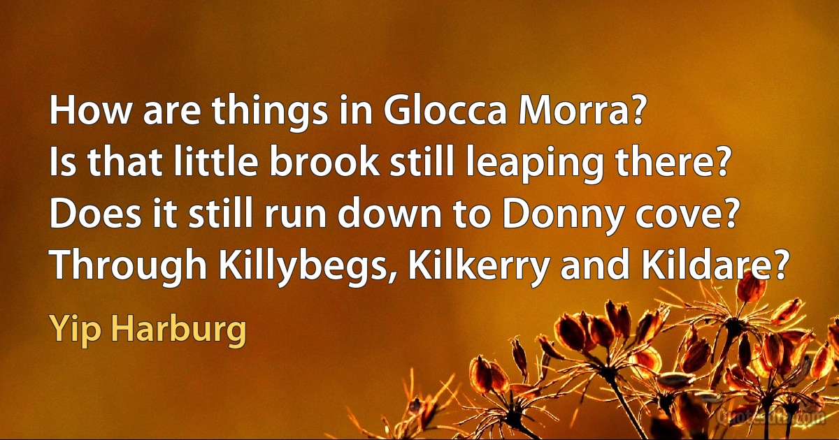 How are things in Glocca Morra?
Is that little brook still leaping there?
Does it still run down to Donny cove?
Through Killybegs, Kilkerry and Kildare? (Yip Harburg)