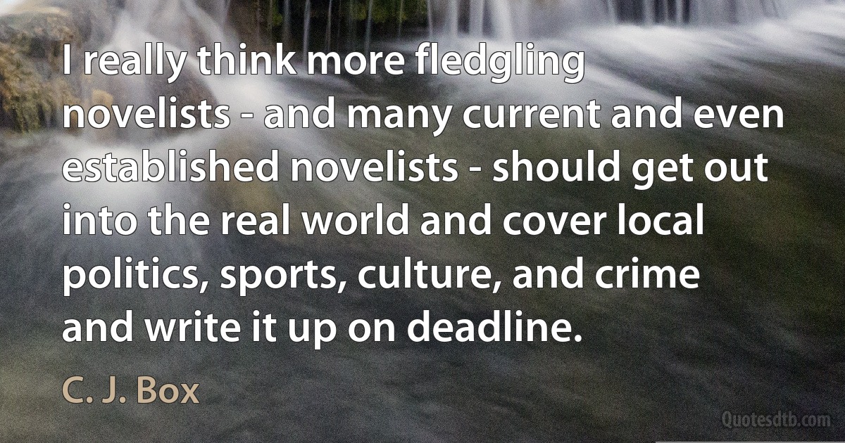 I really think more fledgling novelists - and many current and even established novelists - should get out into the real world and cover local politics, sports, culture, and crime and write it up on deadline. (C. J. Box)