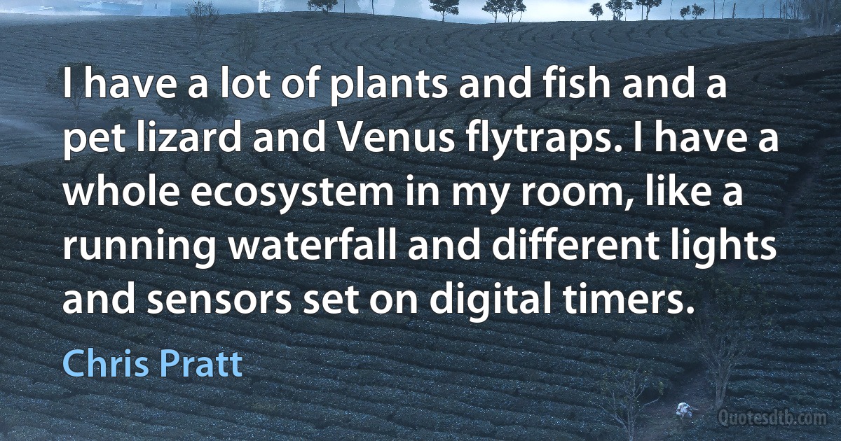 I have a lot of plants and fish and a pet lizard and Venus flytraps. I have a whole ecosystem in my room, like a running waterfall and different lights and sensors set on digital timers. (Chris Pratt)