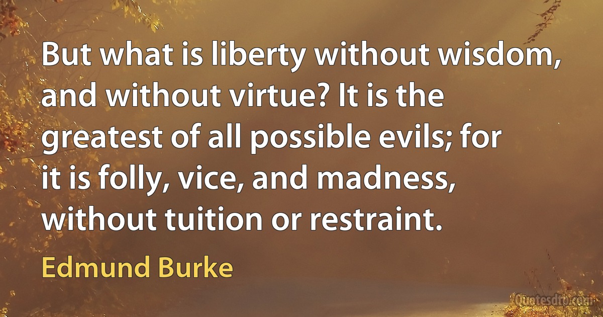 But what is liberty without wisdom, and without virtue? It is the greatest of all possible evils; for it is folly, vice, and madness, without tuition or restraint. (Edmund Burke)