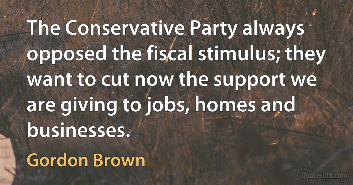 The Conservative Party always opposed the fiscal stimulus; they want to cut now the support we are giving to jobs, homes and businesses. (Gordon Brown)