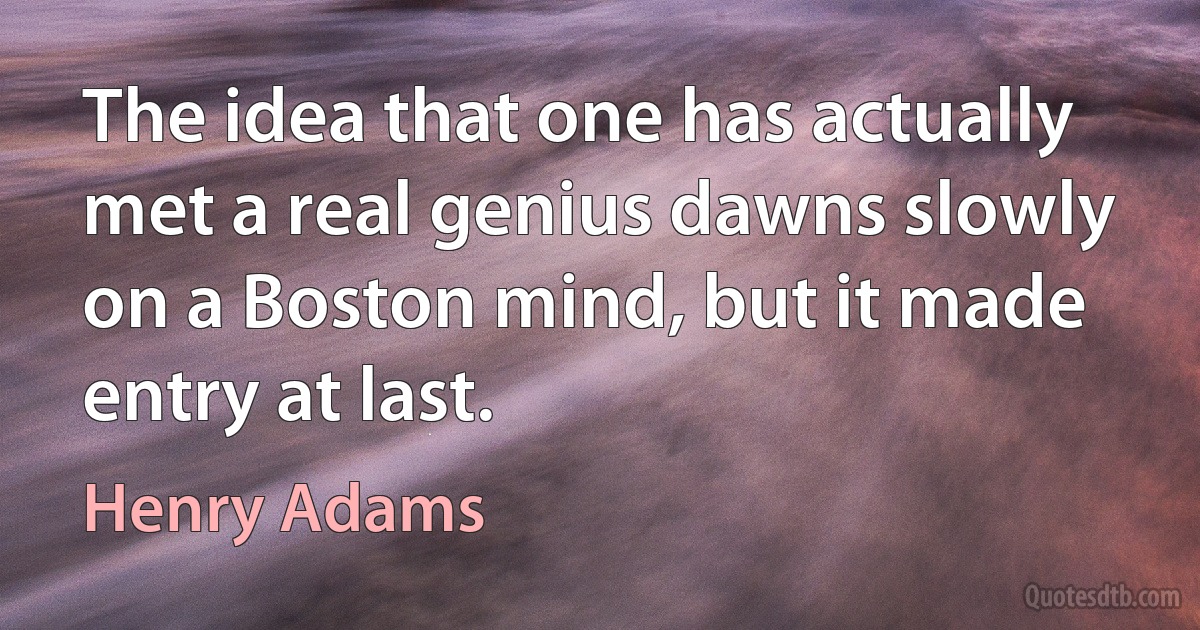 The idea that one has actually met a real genius dawns slowly on a Boston mind, but it made entry at last. (Henry Adams)