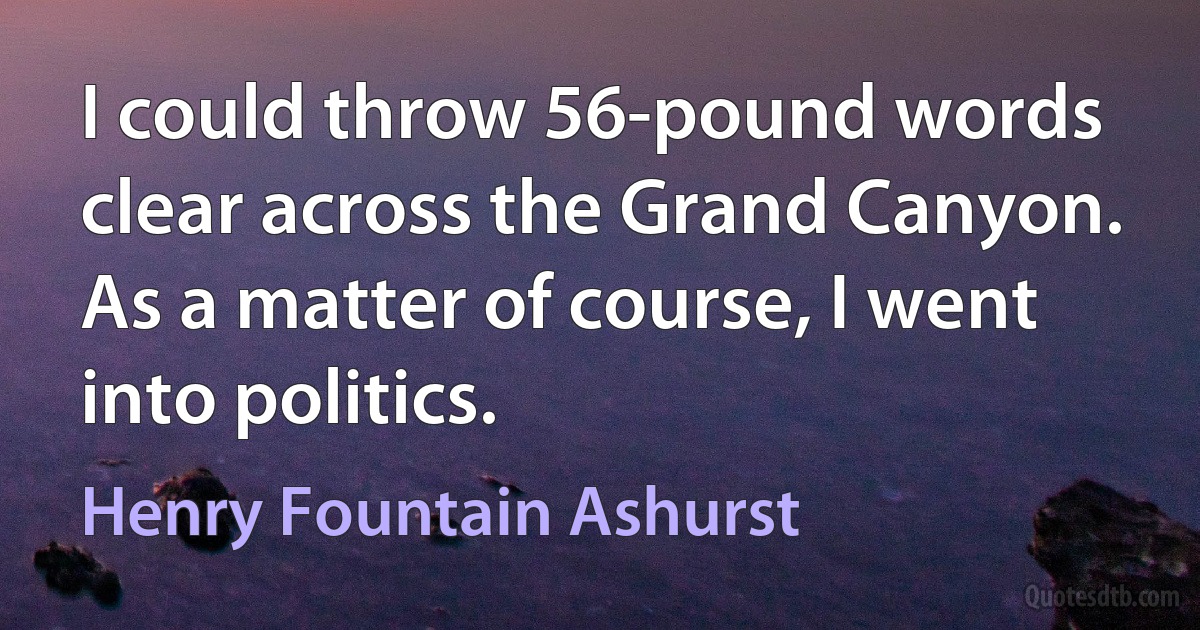 I could throw 56-pound words clear across the Grand Canyon. As a matter of course, I went into politics. (Henry Fountain Ashurst)